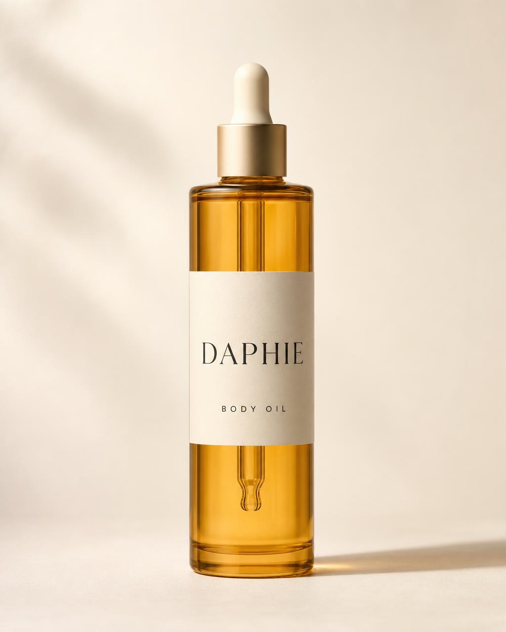 Amber glass bottle of Daphie Golden Body Oil