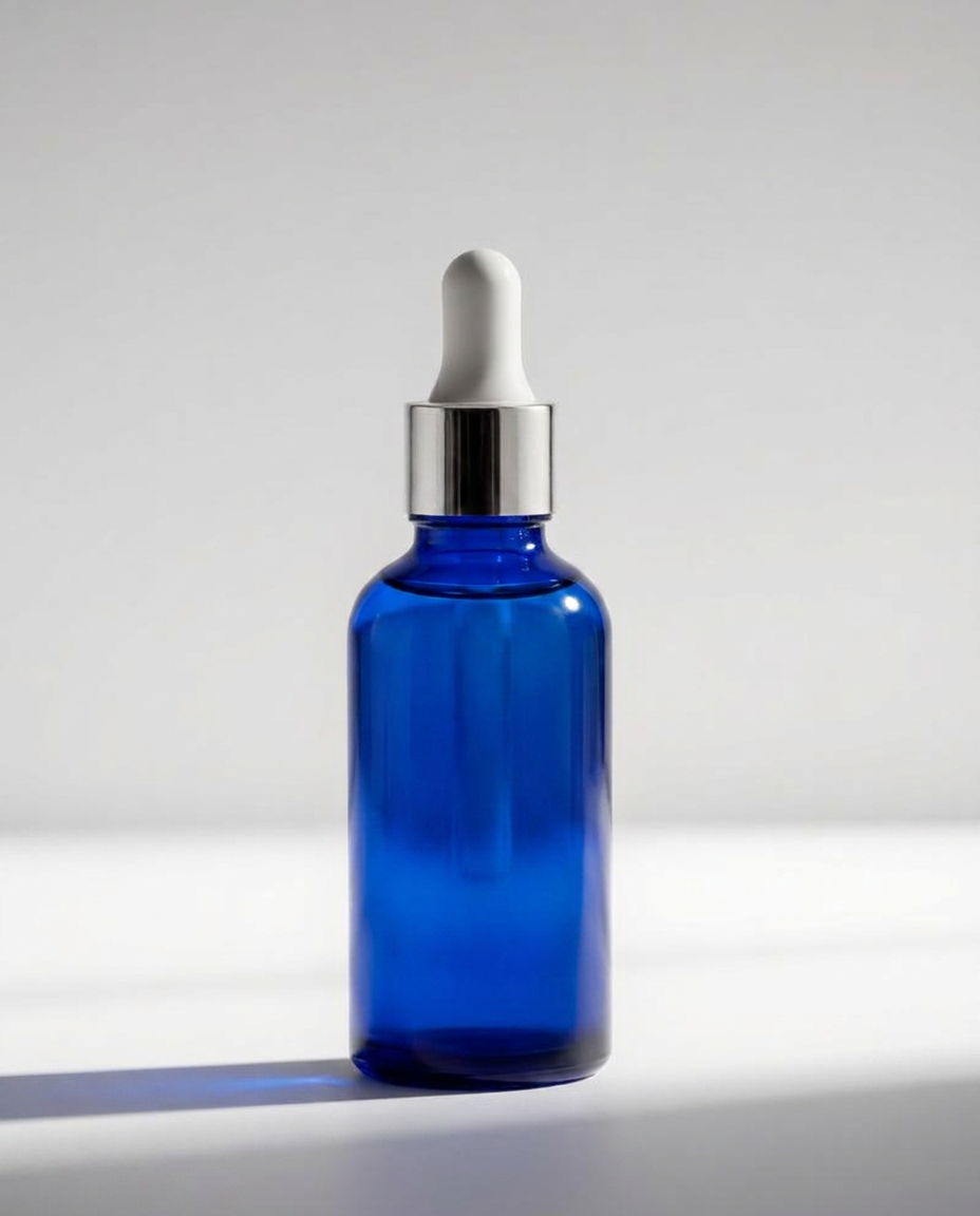 Blue frosted glass dropper bottle of Daphie Overnight Peptide Serum